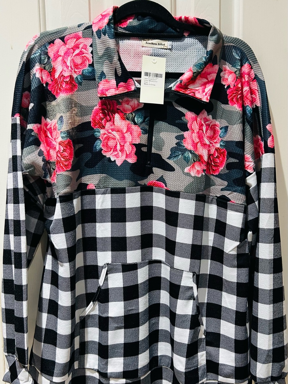 Southern Stitches Pink Floral & Black Buffalo-Check Pullover